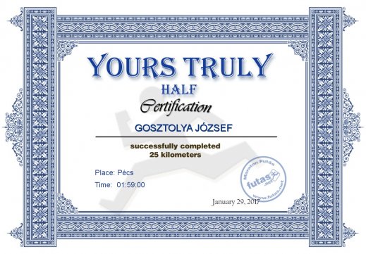 Yours Truly Hungary futás oklevél GOSZTOLYA JÓZSEF futónak
