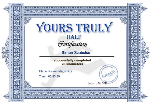 Yours Truly Hungary futás oklevél Simon Szabolcs futónak