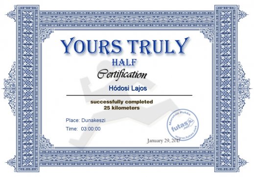 Yours Truly Hungary futás oklevél Hódosi Lajos futónak
