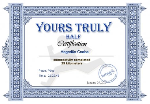 Yours Truly Hungary futás oklevél Hegedüs Csaba futónak