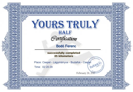 Yours Truly Hungary futás oklevél Bodó Ferenc futónak