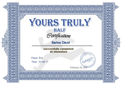 Yours Truly Hungary futás oklevél Bartos Dávid futónak