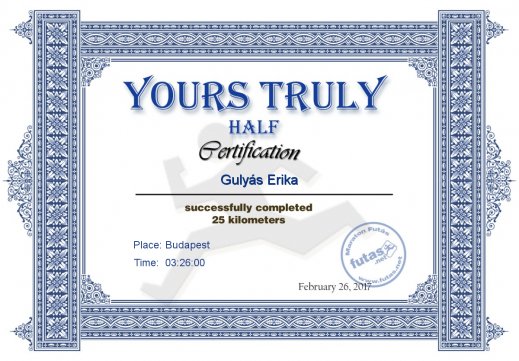Yours Truly Hungary futás oklevél Gulyás Erika futónak