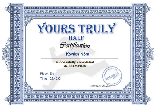 Yours Truly Hungary futás oklevél Kovács Nóra futónak