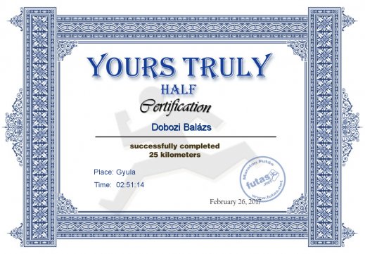 Yours Truly Hungary futás oklevél Dobozi Balázs futónak