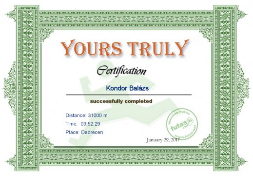 Yours Truly Hungary futás oklevél Kondor Balázs futónak
