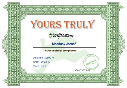 Yours Truly Hungary futás oklevél Madácsy József futónak
