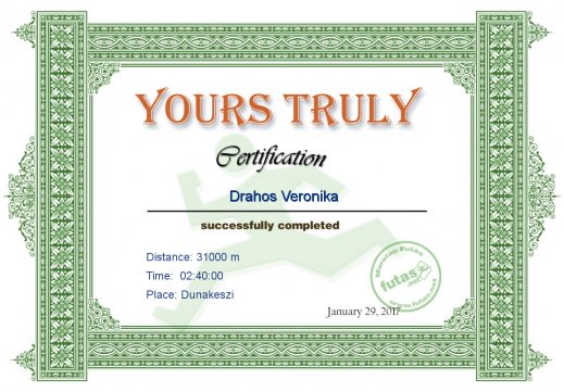 Yours Truly Hungary futás oklevél Drahos Veronika futónak