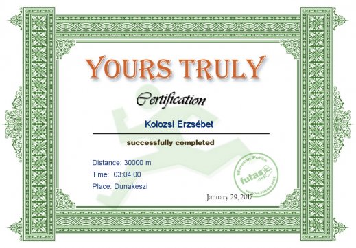 Yours Truly Hungary futás oklevél Kolozsi Erzsébet futónak