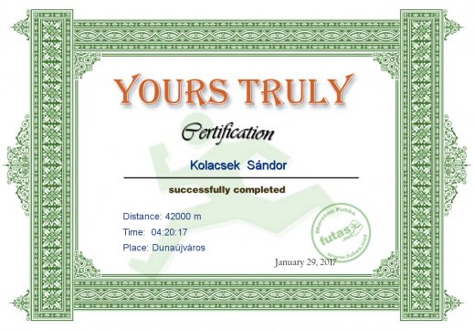 Yours Truly Hungary futás oklevél Kolacsek  Sándor futónak