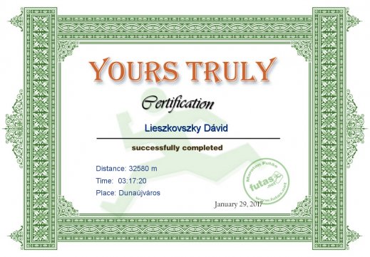 Yours Truly Hungary futás oklevél Lieszkovszky Dávid futónak
