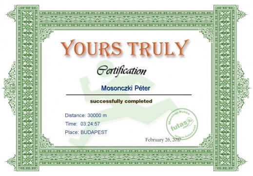 Yours Truly Hungary futás oklevél Mosonczki Péter futónak