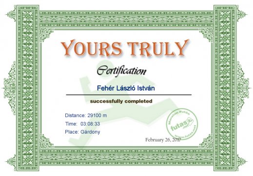 Yours Truly Hungary futás oklevél Fehér László István futónak