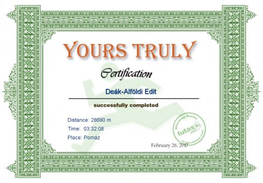 Yours Truly Hungary futás oklevél Deák-Alföldi Edit futónak
