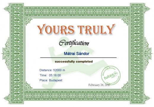 Yours Truly Hungary futás oklevél Mátrai Sándor futónak