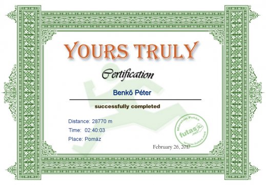 Yours Truly Hungary futás oklevél Benkő Péter futónak