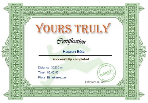 Yours Truly Hungary futás oklevél Haszon Béla futónak