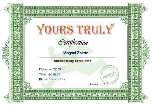 Yours Truly Hungary futás oklevél Magosi Zoltán futónak