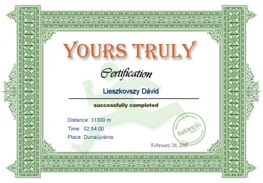 Yours Truly Hungary futás oklevél Lieszkovszy Dávid futónak