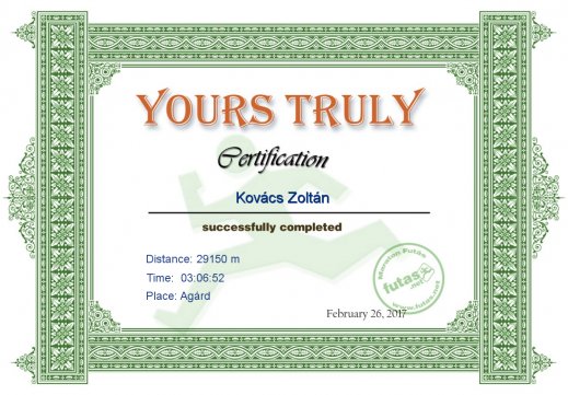 Yours Truly Hungary futás oklevél Kovács Zoltán futónak
