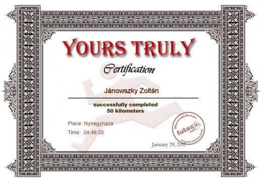 Yours Truly Hungary futás oklevél Jánowszky Zoltán futónak