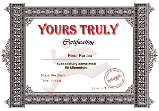 Yours Truly Hungary futás oklevél Rindt Renáta futónak