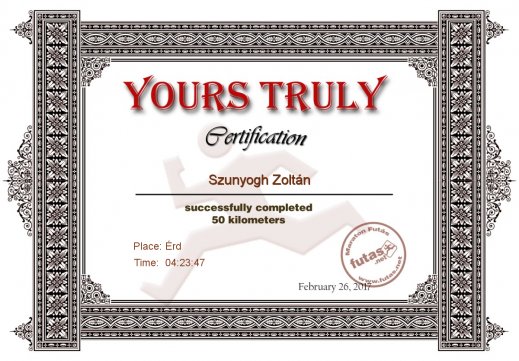 Yours Truly Hungary futás oklevél Szunyogh Zoltán futónak