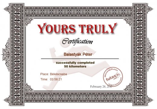 Yours Truly Hungary futás oklevél Balastyák Péter futónak