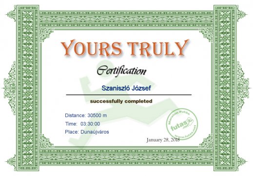 Yours Truly Hungary futás oklevél Szaniszló József futónak