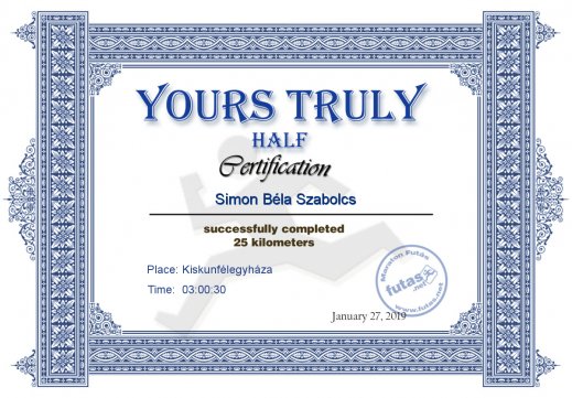 Yours Truly Hungary futás oklevél Simon Béla Szabolcs futónak