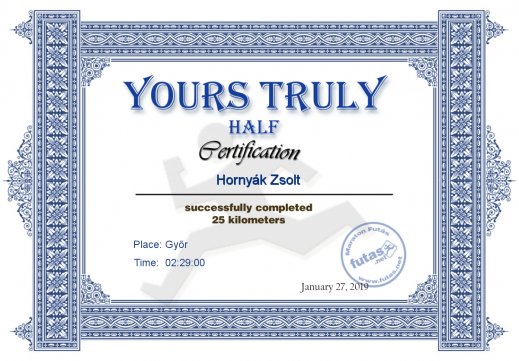 Yours Truly Hungary futás oklevél Hornyák Zsolt futónak