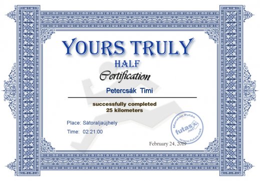 Yours Truly Hungary futás oklevél Petercsák  Timi futónak