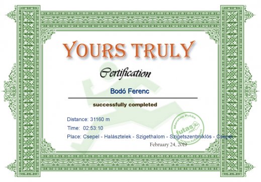 Yours Truly Hungary futás oklevél Bodó Ferenc futónak