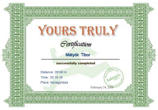 Yours Truly Hungary futás oklevél Mátyók  Tibor  futónak