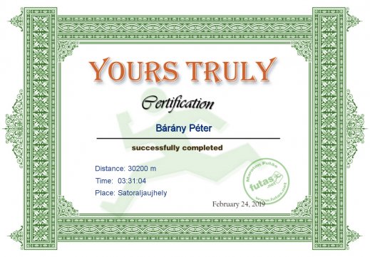 Yours Truly Hungary futás oklevél Bárány Péter futónak