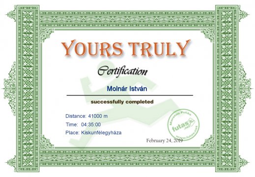 Yours Truly Hungary futás oklevél Molnár István futónak