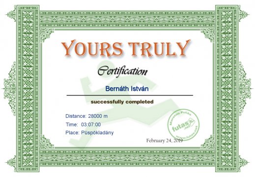 Yours Truly Hungary futás oklevél Bernáth István futónak