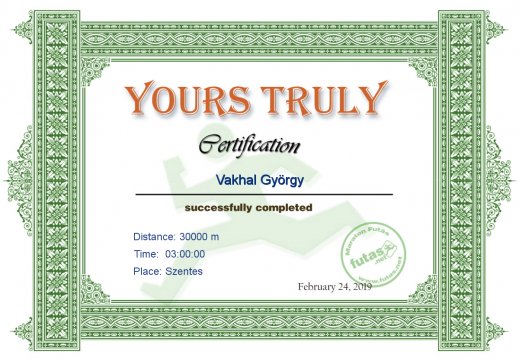 Yours Truly Hungary futás oklevél Vakhal György futónak