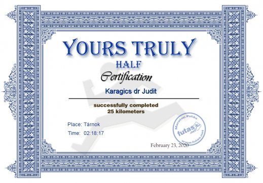 Yours Truly Hungary futás oklevél Karagics dr Judit futónak
