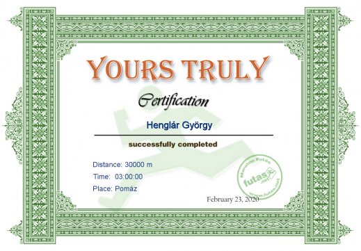 Yours Truly Hungary futás oklevél Henglár György futónak