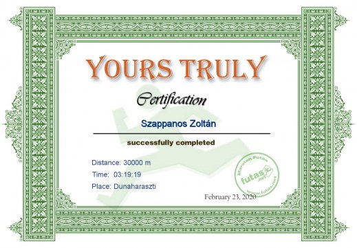 Yours Truly Hungary futás oklevél Szappanos Zoltán futónak