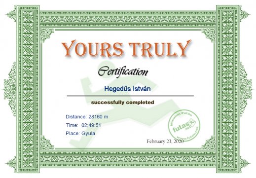 Yours Truly Hungary futás oklevél Hegedűs István futónak