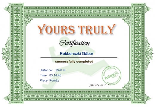 Yours Truly Hungary futás oklevél Rebbenszki Gábor  futónak