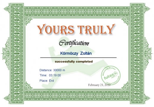 Yours Truly Hungary futás oklevél Körmöczy  Zoltán  futónak
