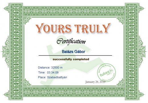 Yours Truly Hungary futás oklevél Balázs Gábor futónak